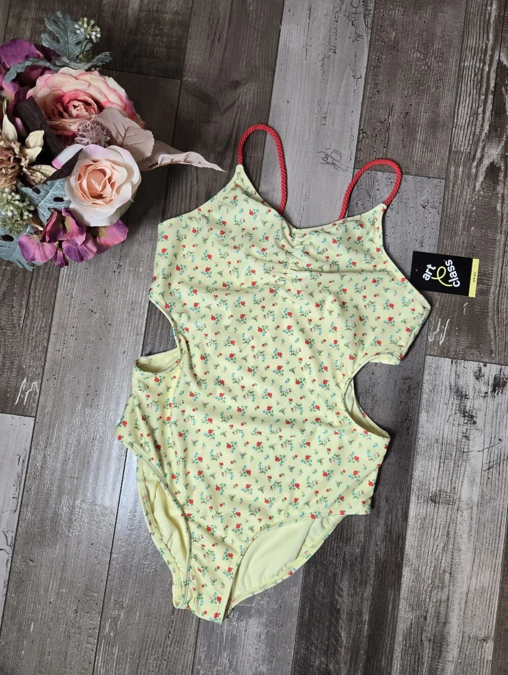 NWT Art Class Girls Yellow Floral Cutout One Piece Swimsuit Size XL 14 Plus